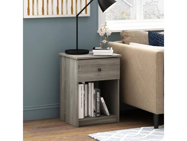Furinno TIDUR Set of 2, moderner Nachttisch mit Schublade mit Aufbewahrungsregal, Beistelltisch, Knopfgriff-Schublade, für Schlafzimmer, Wohnzimmer, Graue Eiche