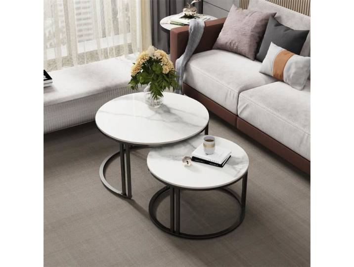 Lot de 2 Tables Gigognes de Salon Table Basse Gigogne Ronde avec Effet Marbre Cardre en Métal 70x70x41cm - 57x57x35cm