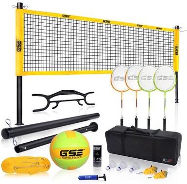 GSE Games & Sports Expert GSE Professional Outdoor Portable Badminton/Volleyball Combo Set with Net, 4 Rackets & 3 Shuttlecocks, Volleyball Ball & Pump