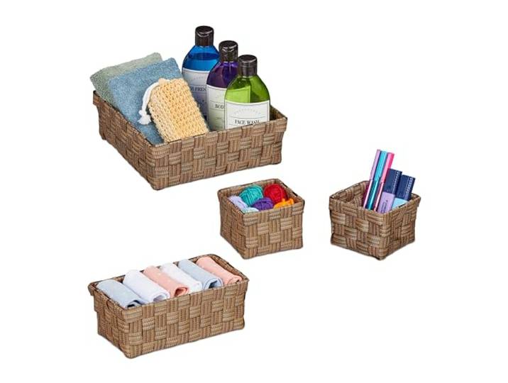 Relaxdays 4 paniers de rangement\, 3 tailles différentes\, aspect tressé\, corbeille en plastique\, salle bain\, marron