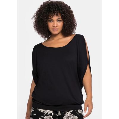 Fledermausshirt SHEEGO "T-Shirt", Damen, Gr. 52/54, schwarz, 95% Viskose, 5% Elasthan, unifarben, Rundhals, Shirts Fledermausshirt