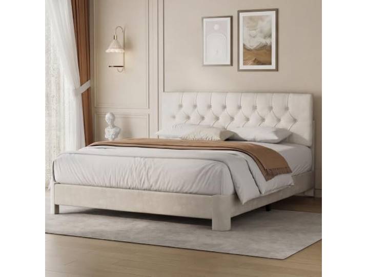 160 x 180 Bettrahmen mit Kopfplatte, Luxus Samt Stoff Polsterbettrahmen mit Knopf Tufted Design, starke Holzscheiben Unterstützung - Niedrig & Robust, Lärmfrei, Keine Boxfeder, Einfache Montage, Beige