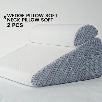 Inspired Finds 2 Piece Memory Foam Wedge Pillow Set Triangle Support Cushions For Back, Legs, Knees & Neck With Removable Covers light Grey 50x50x26cm