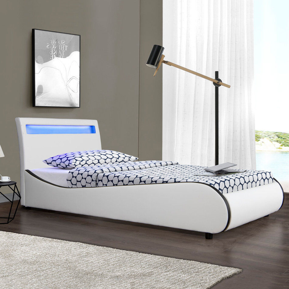 Ivy Bronx Atropus LED Faux Leather Bed Frame White Single (3')