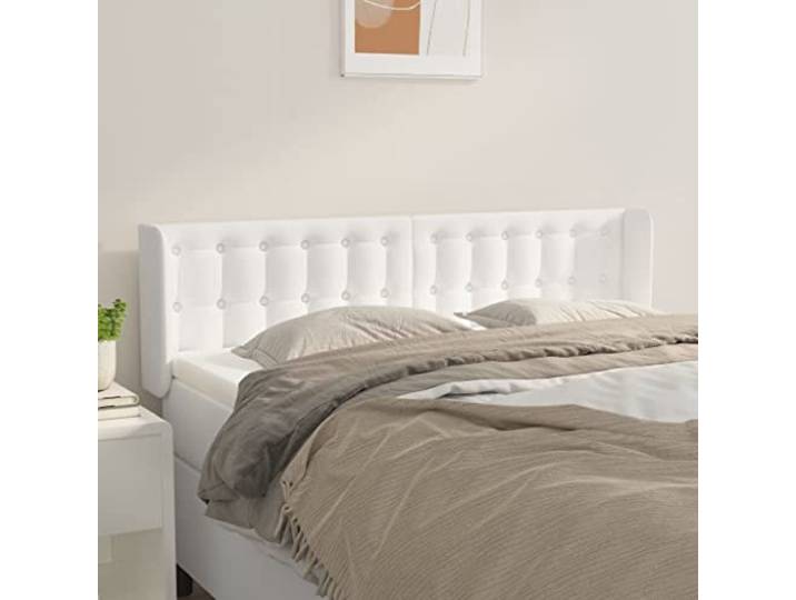KTHLBRH Kopfteil aus weißem Kunstleder, klassisch, elegantes Design, höhenverstellbar, Beine aus massivem Lärchenholz, stabile Rückenunterstützung