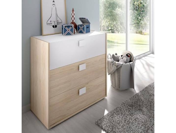 Dmora - Kommode Sella, Kommode für Schlafzimmer, Kommode mit 3 Schubladen, 80x43h81 cm, Eiche und Weiß