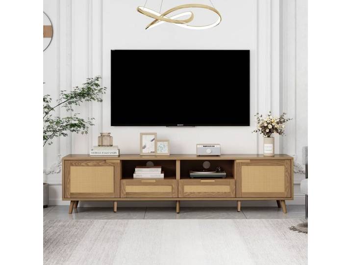 Meuble TV - KOMHTOM - 200x37x49 cm - Rotin - Pieds en bois massif réglables - 2 tiroirs et 2 portes