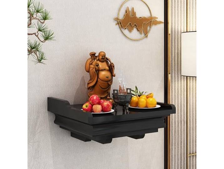 AANNAA An der Wand montiertes buddhistisches Altarregal aus massivem Holz for den Heimgottesdienst, Schrank „Gott des Reichtums“, Schreintisch(Black,Medium)