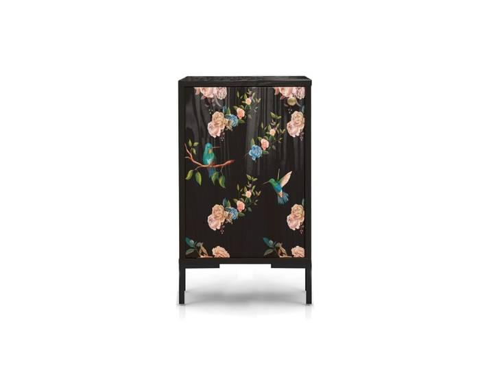 Table de chevet en MDF imprimé florale sur fond noir colibri