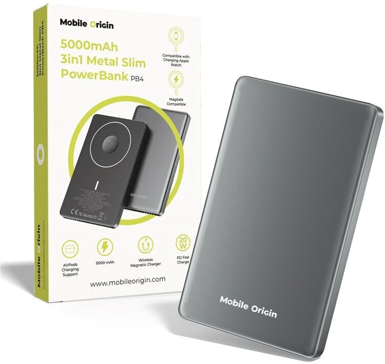 Mobile Origin 3-i-1 Slim Powerbank 5000mAh - m. MagSafe & Hurtig Opladning