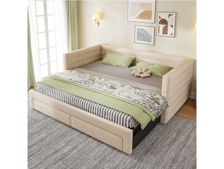 Lit banquette convertible 3-en-1 en tissu beige avec tiroirs 90x190 cm