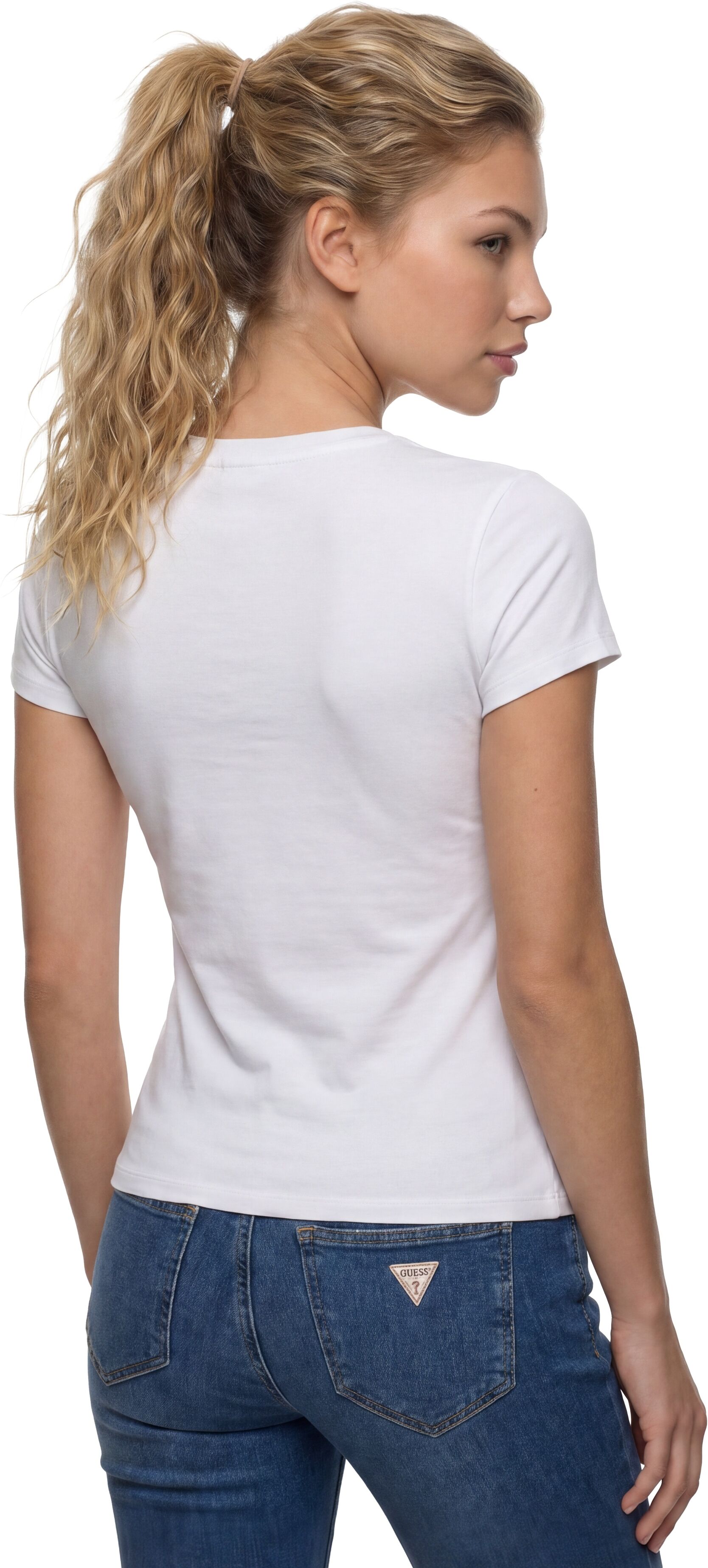 T-Shirt GUESS "SS VN MINI TRIANGLE TEE", Damen, Gr. S, weiss (pure weiß), Single Jersey, Obermaterial: 95% Baumwolle, 5% Elasthan, unifarben, slim fit hüftlang, V-Ausschnitt, abgesteppte Kante, Shirts T-Shirt, mit V-Ausschnitt, Slim Fit pure weiß S