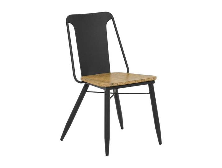 Chaise industrielle en métal noir assise en acacia