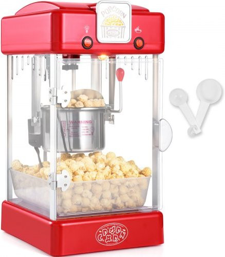 VEVOR Popcornmachine, 300W, Rood, 4 liter per batch, inclusief 2 scheppen en schaal