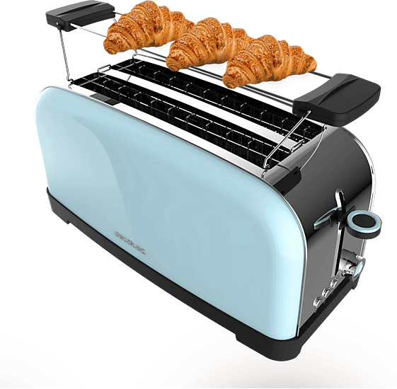 Tostadora - Cecotec Toastin' time 1500 Blue, W, 2 ranuras, Para 4 tostadas, 7 niveles, Calienta panecillos, Diseño retro, Azul