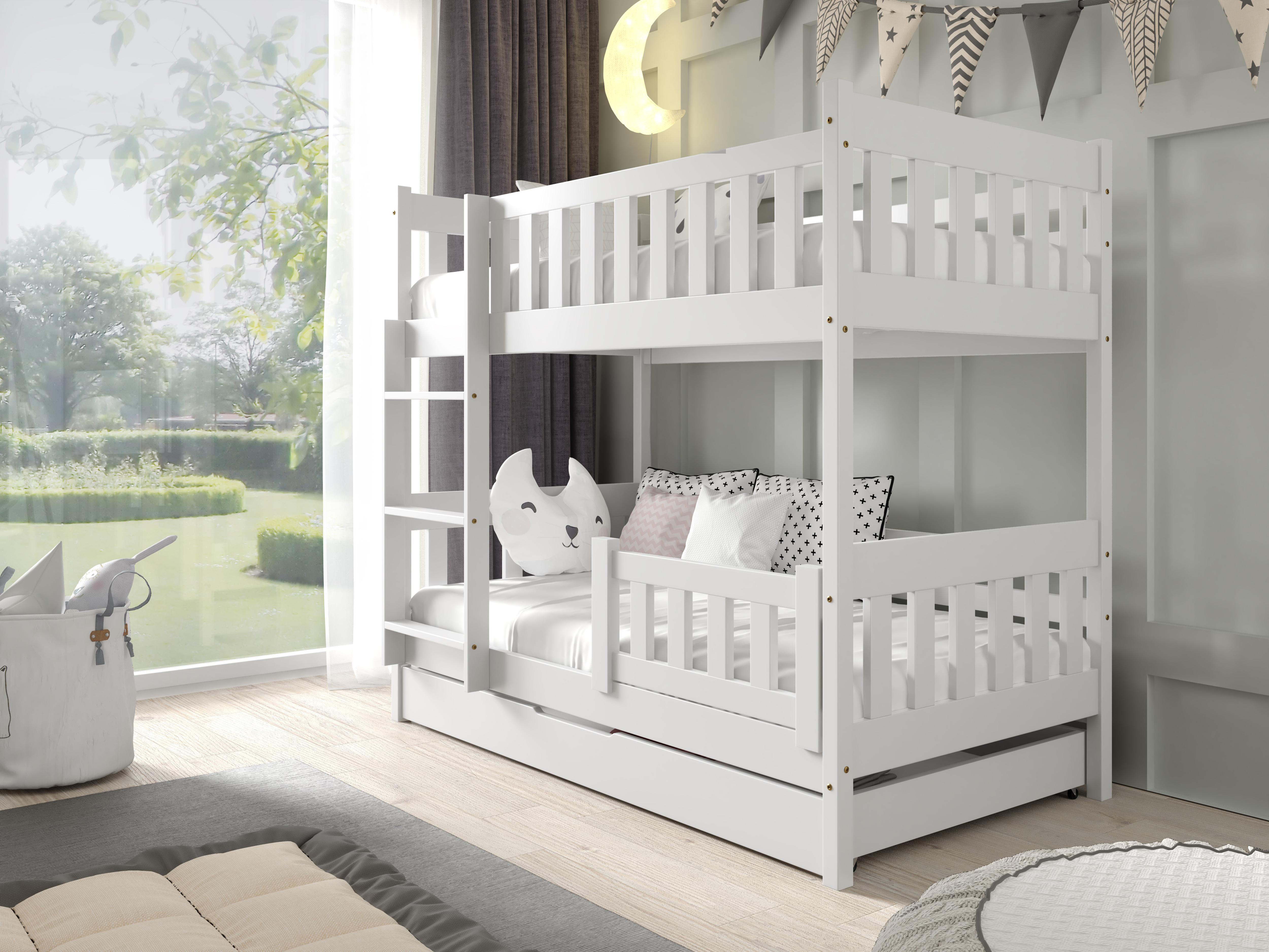 JKG Meble Etagenbett für Kinder - Kinderbett aus Holz - Kinderbett mit Matratze - klassisches Kinderbett 190 cm - Weiß