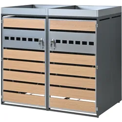 STILVORA Mülltonnenbox Stahl Grau-Holzoptik abschließbar mit Pflanztrog, 2 Fächer