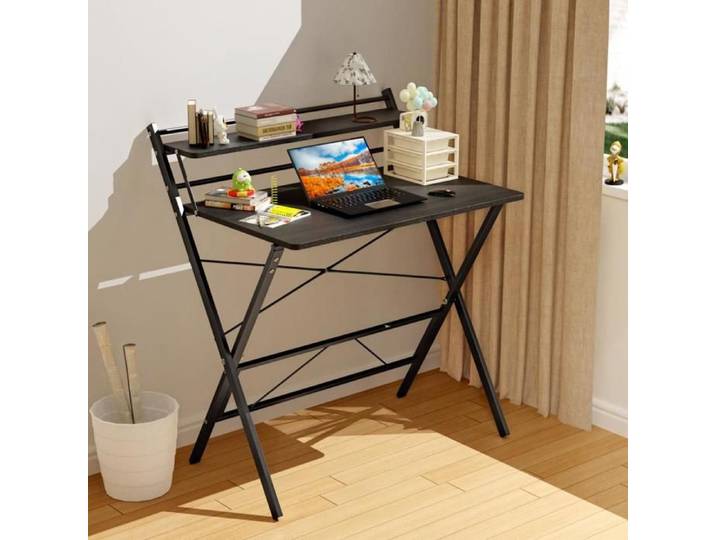 LVHCMFOHM Bureau Pliable Noir 80x50cm avec Étagère Supérieure Cadre Métallique Ultra-Gain de Place pour Petits Espaces