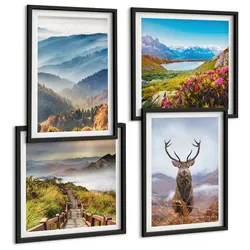 BILDER SET 4er Set - 50x50 cm & 40x60 cm Schwarzer Rahmen - Berglandschaft, See, Hirsche