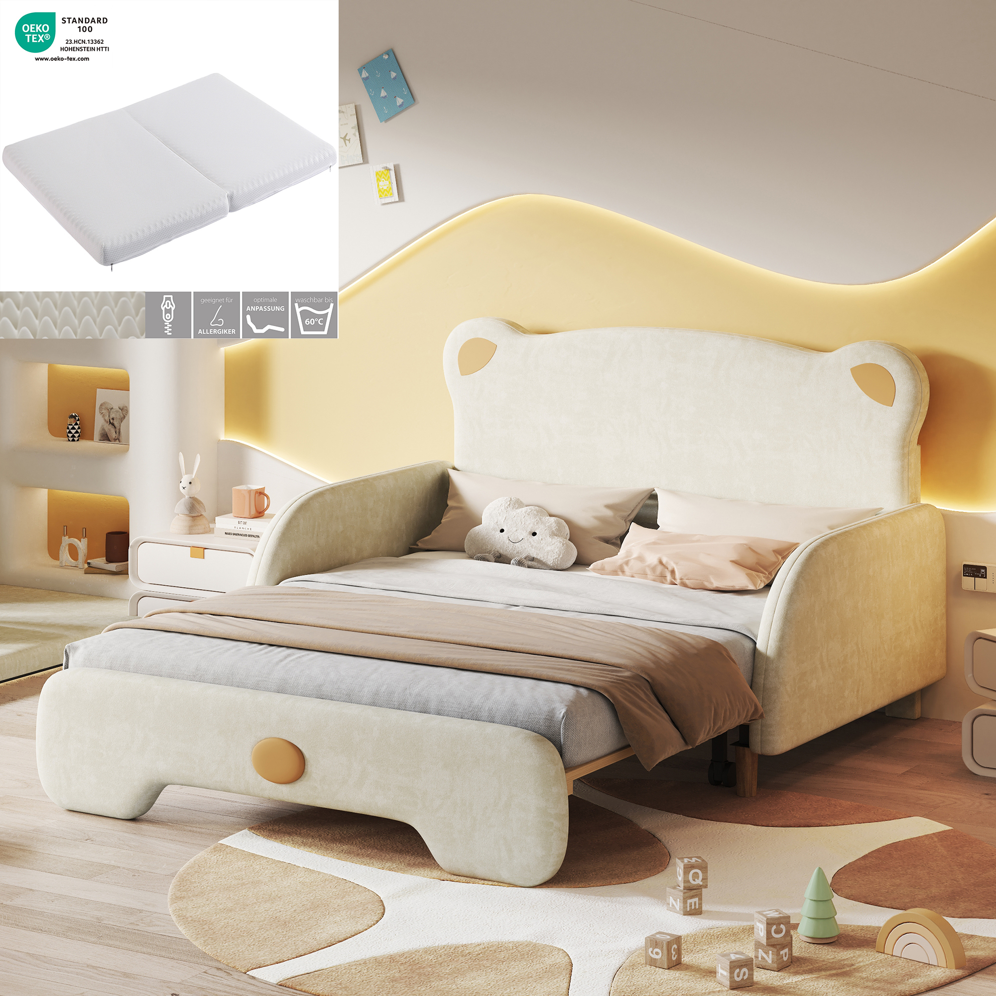 STILVORA Kinderbett 140x200cm Schlafsofa in Bärenkopfform mit Holzlattenrost,Polsterbett aus Samt mit weichen Schutzkanten,Beige(mit Matratze)