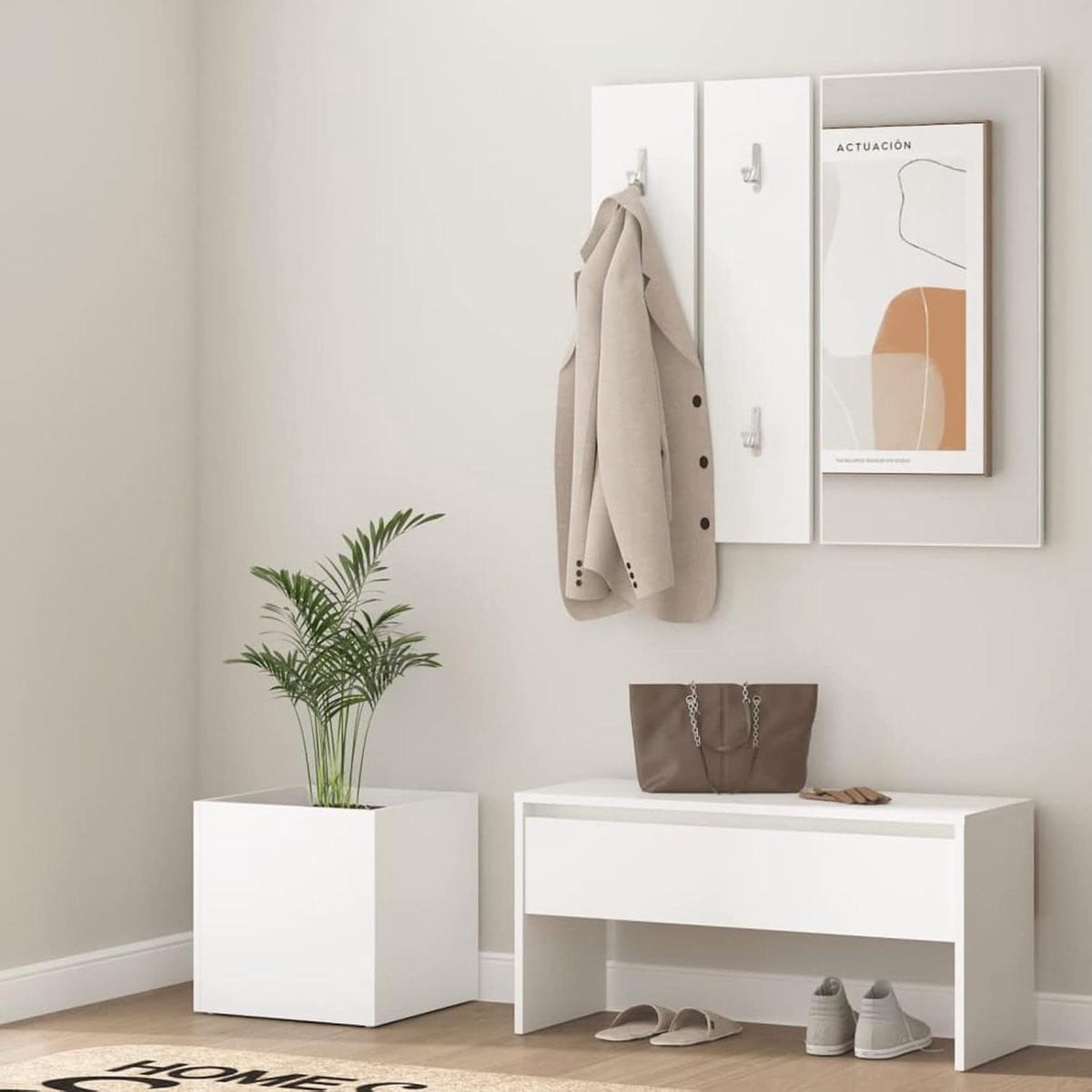 Witte halmeubel set met spiegel voor het opbergen van schoenen in de hal