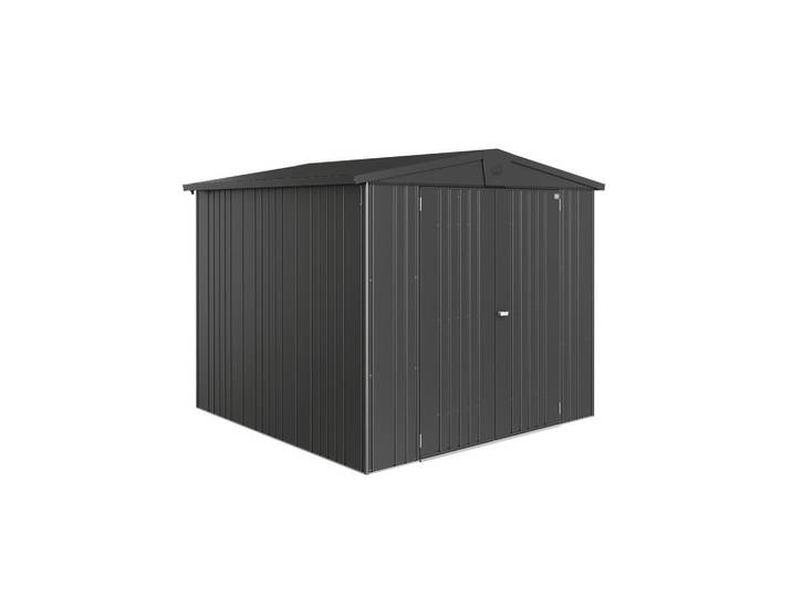Biohort Gerätehaus Europa, Dunkelgrau, Metall, 244x203x228 cm, Dachvorsprung, umfangreiche Grundausstattung, integrierter Wasserablauf, 2-fach-Verriegelung mit Zylinderschloss, regenwasserdicht, Gartenzubehör, Geräteschuppen