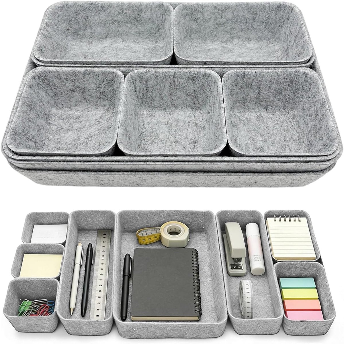 Set van 9 lichtgrijze vilt lade-organizers, stapelbare opbergdozen voor bureau, kast en thuis