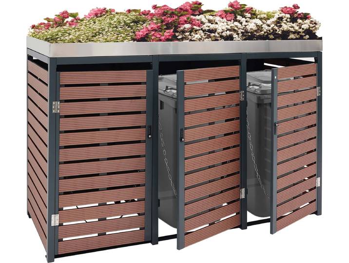 3er Mülltonnenverkleidung HWC-K14, Mülltonnenbox mit Pflanzkasten, 124x200x84cm WPC Edelstahl 107kg Walnuss-Holzoptik