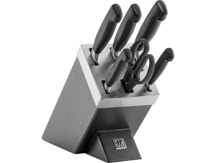 ZWILLING Vier Sterne Selbstschärfender Messerblock, Made in Germany 7-teilig: 5 Messer, 1 Küchenschere, 1 Holzblock; Rostfreier Spezialstahl, Grau