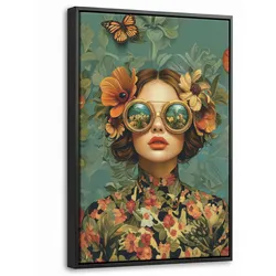 LEINWAND Bilder mit Rahmen - Frau - Blumen - Schmetterlinge - Natur - Vintage - 40x60