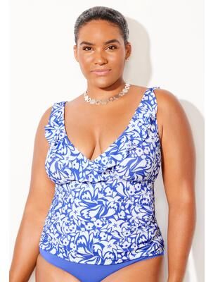 Plus Size Women's Ruffle V-Neck Tankini Top by Swimsuits For All in Stardust Flowers (Size 14)