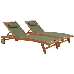 Oviala Business Set aus 2 verstellbaren Sonnenliegen aus Holz mit Rädern – Salbeigrün