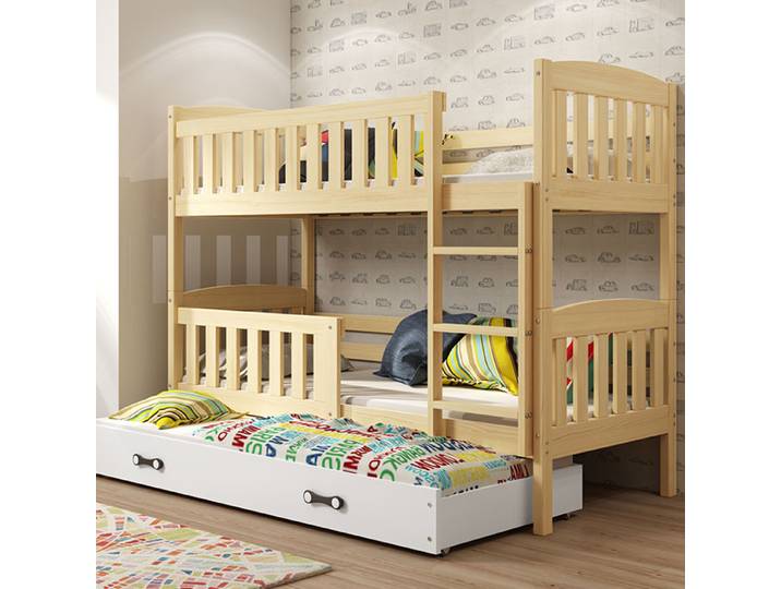 Etagenbett für drei Personen Jakob, 90x190, mit Schublade, Kiefer/weiß