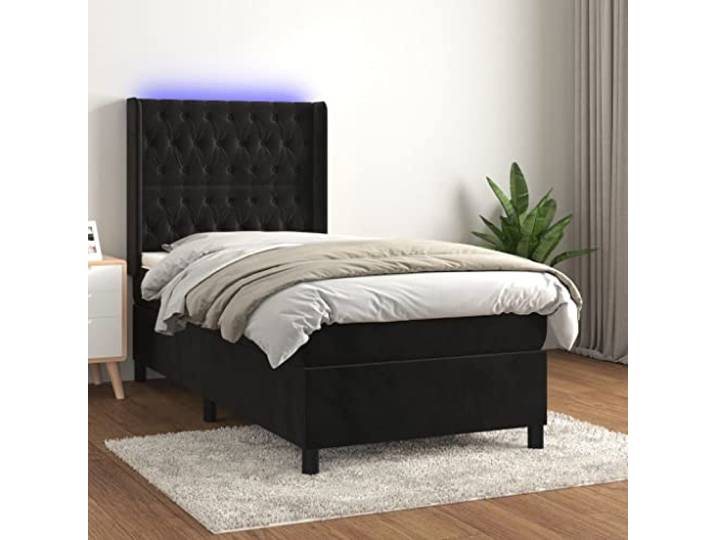 PUGYNBK Boxspringbett, 90 x 200 cm, schwarzer Samt, mit LED Verstellbares Kopfteil, Taschenfederkernmatratze, weicher Schutz, manuelle Montage im Lieferumfang enthalten