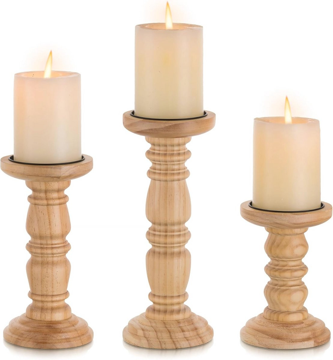 Set van 3 bruine rustieke houten stompkaarsenhouders voor decoratie