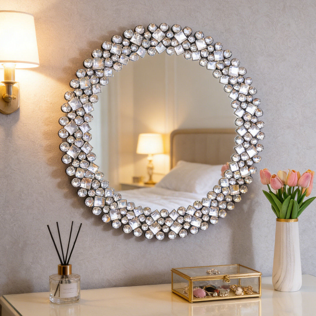Blue Elephant Freelon Round Crystal Framed Wall Accent Mirror 60x60CM Clear 60cm H X 60cm W X 2cm D
