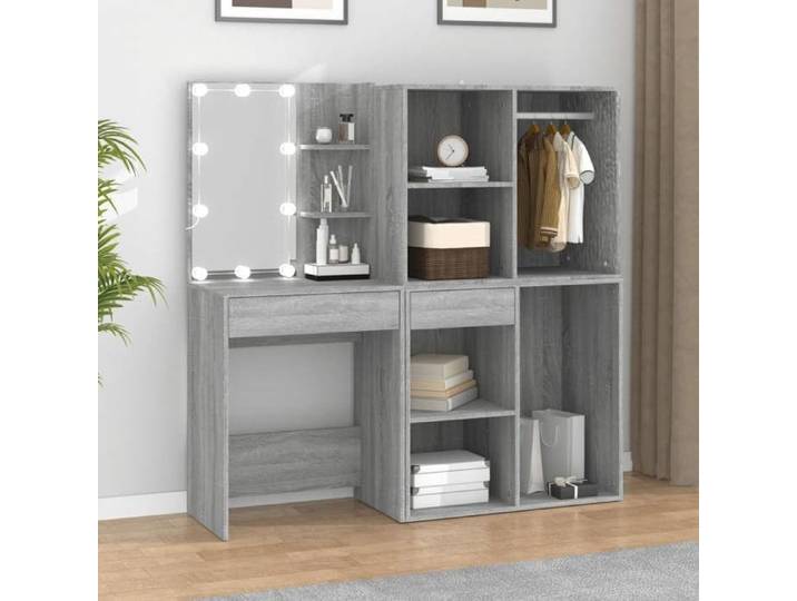 NEW 2026  Coiffeuse à LED moderne pour Femme avec armoires Sonoma gris Bois d'ingénierie 60x40x140 cm L4403