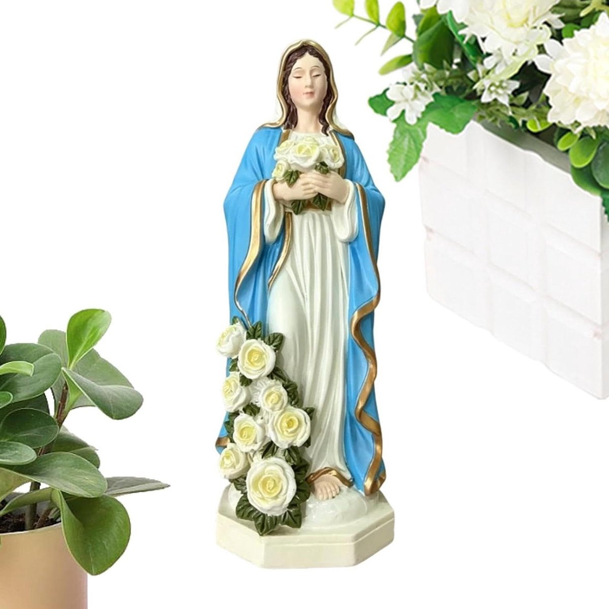 Moeder Maria Standbeeld Wit - Decoratief Beeldje met Rozenaccenten - Hoogte: 20 cm