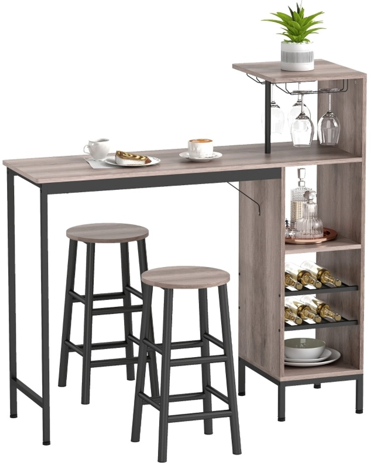 CHICFURN Bartafel set met 2 barkrukken en opbergruimte, Grijs