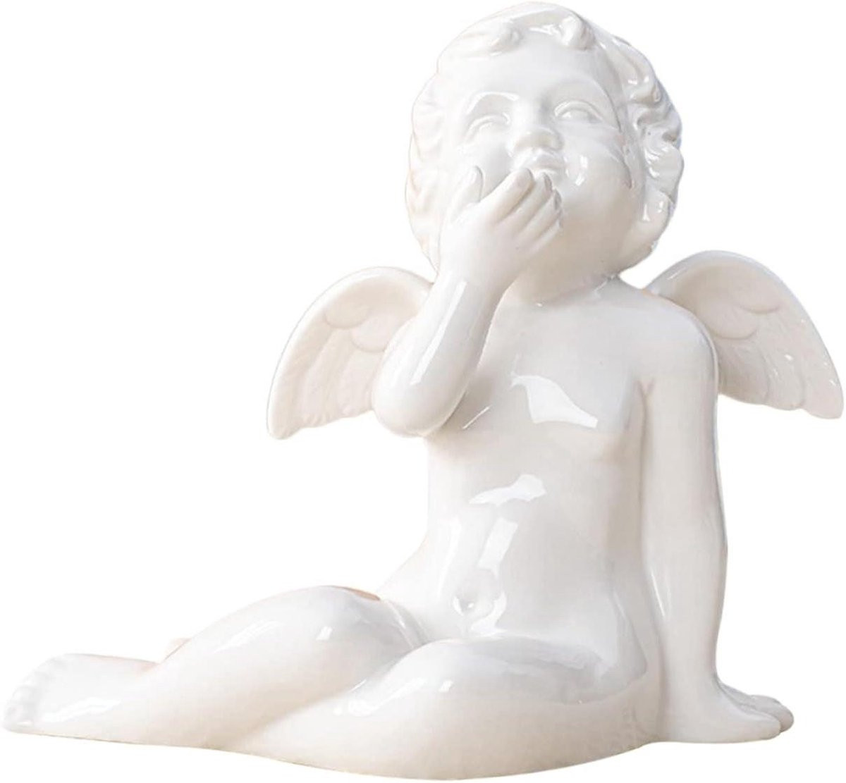 Engel Beeldje - Wit Keramiek Sculptuur voor Tafeldecoratie - 17 cm Hoog