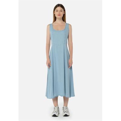 Jerseykleid FRESHLIONS "Beatrix", Damen, Gr. L, EURO-Größen, blau (hellblau), 100% Polyester, unifarben, lang, Rundhals, Kleider Sommerkleid Midikleid, im modischen Design