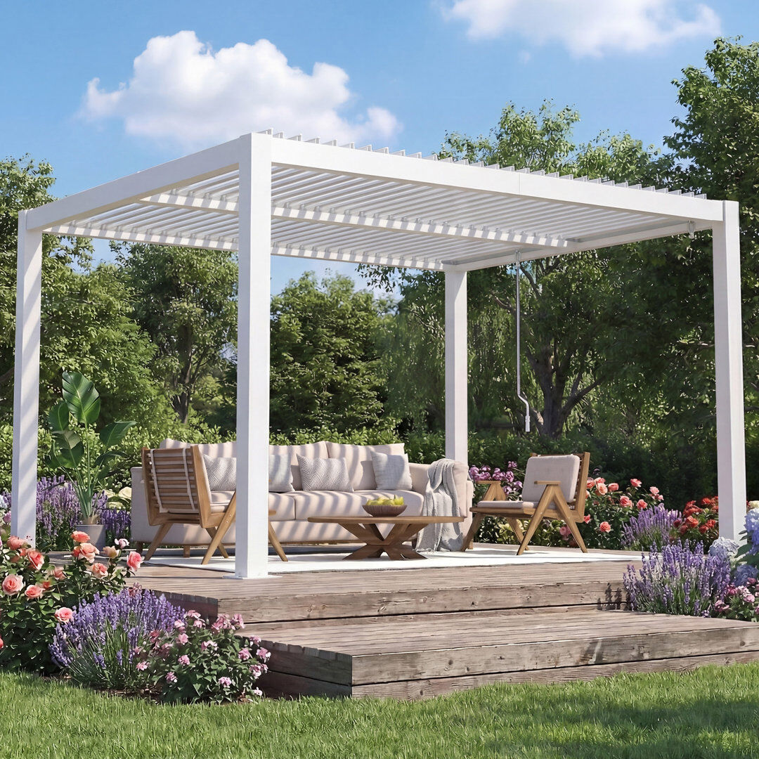 EROMMY Outdoor Pergola With Adjustable Louvered Roof & Integrated Drainage, Heavy-Duty Metal Louvered Pergola For Patios, Without Curtains & Netting White 3.6m x 3m