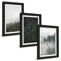 BILDER SET 3er Set - 20x30 cm Schwarzer Rahmen - Grüne Wälder Nebel Natur