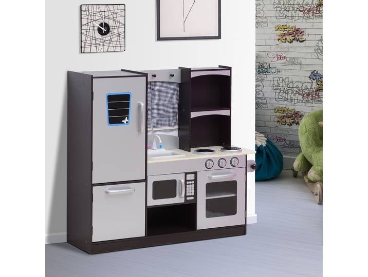 HOMCOM Cuisine Enfant Bois Jeu Éducatif 105x32x95cm Argenté Noir