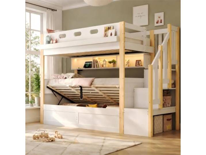 Merax Etagenbett Hochbett aus Massivholz 90x200+90x200 cm mit hydraulischem Unterbett, Stauraumtreppe, LED-Lichtleiste, USB-Ladung & PU-Kopfteil – Weiß+Natur (Ohne Matratze)
