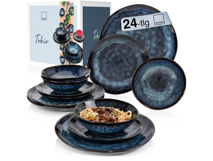 Sänger Sänger Steingut Geschirrset Tokio, Tafelservice 24 teilig für 8 Personen, Schwarz, 27x5x27 cm, Geschirr, Geschirrsets, Tafelservice