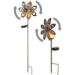 Gartendeko LED Solarlampe Windrad Terrassenlampe Außenlampe Erdspieß, Metall gold blau rost gelb,Bruchglas, warmweiß, 2er Set