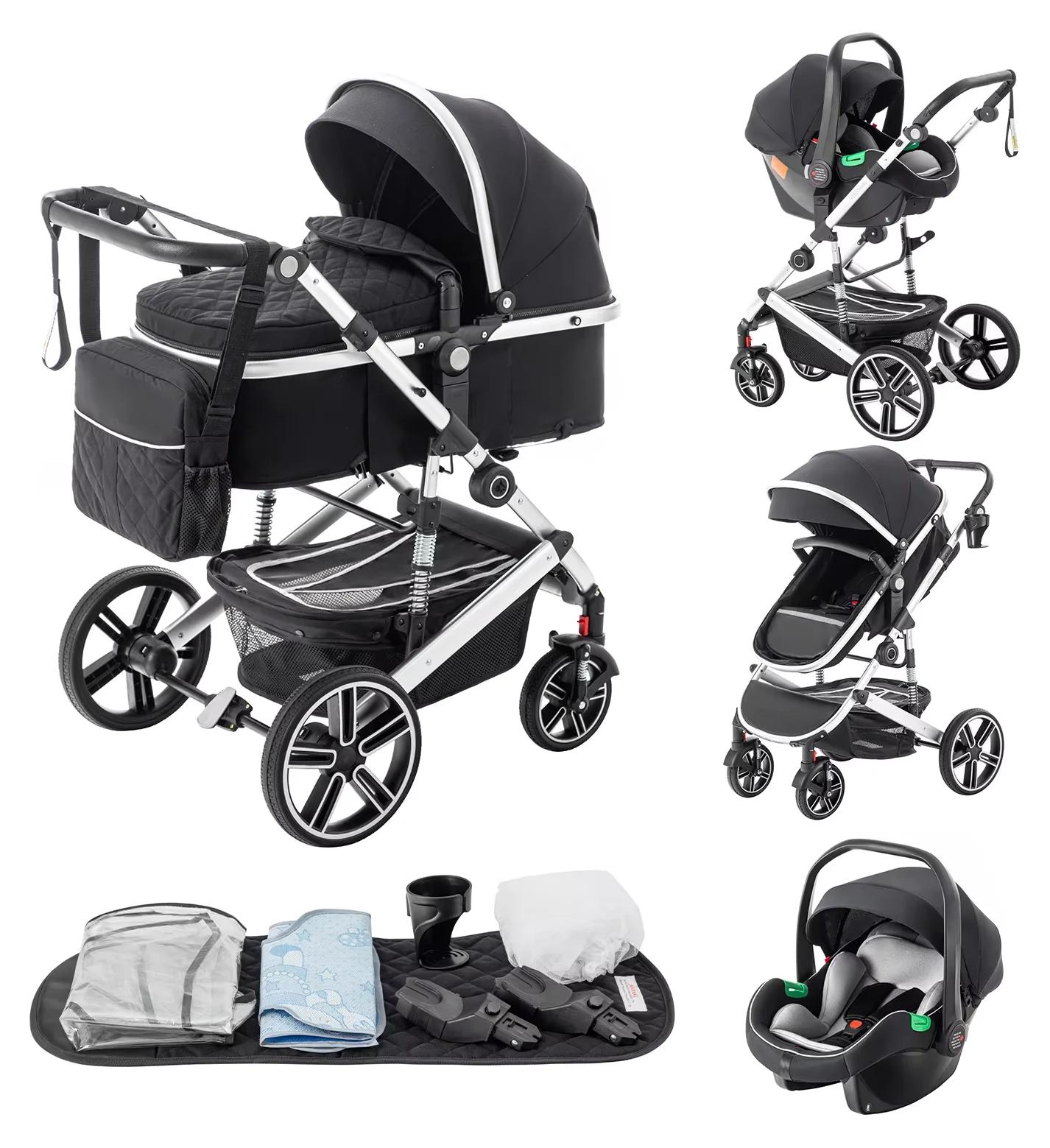 Kinderwagen 3 in 1 - SK21 Kombikinderwagen - Luxus Reisebuggy - Hoher Sitz - Klappbares Aluminiumgestell - Für geborene 0-1 Jahre - Schwarz