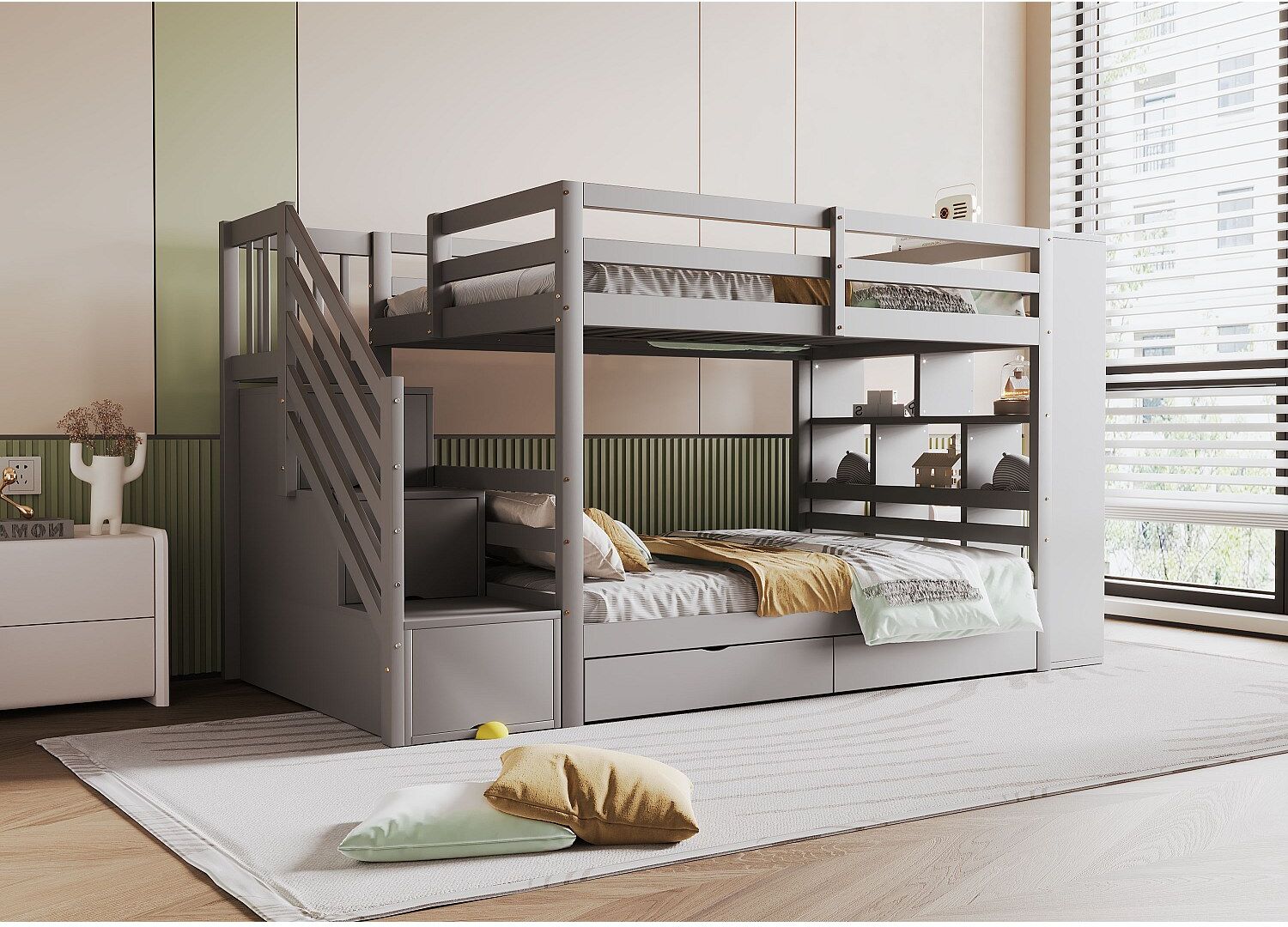 Hauss Spole Kinderstapelbed 90 x 200 cm met 2 lades, opbergladder en planken - Grijs hout (matras niet inbegrepen)