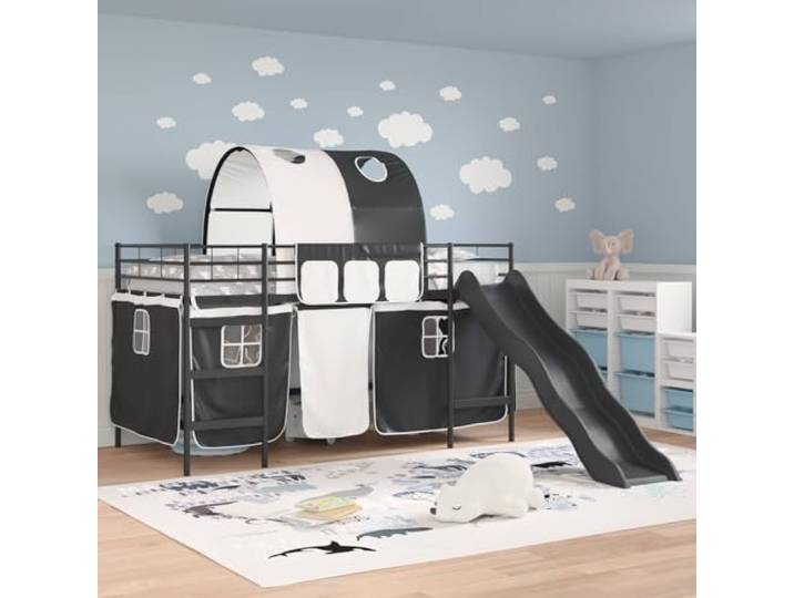 KTHLBRH Bett Loft Kinder schwarz 80 x 200 cm Metall Bogendesign, praktische Vorhänge, robuste Struktur, Spielplatz inklusive